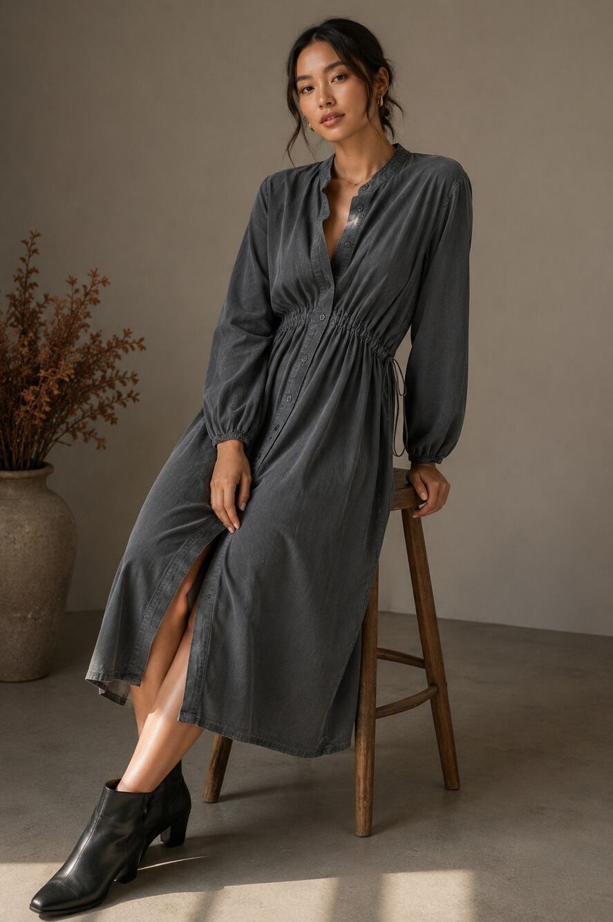 Zara Women's Gray 100% Cotton Drawstring Waist Button Front Midi Dress Medium